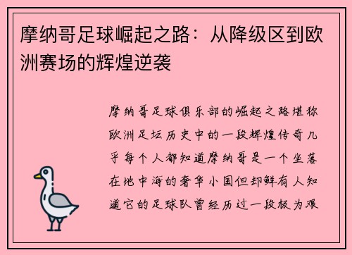 摩纳哥足球崛起之路：从降级区到欧洲赛场的辉煌逆袭