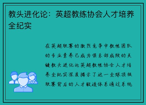 教头进化论：英超教练协会人才培养全纪实