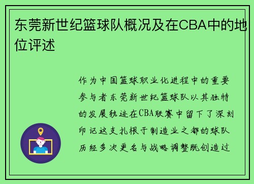 东莞新世纪篮球队概况及在CBA中的地位评述